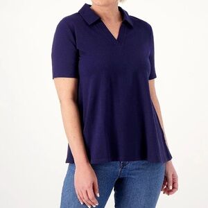 Denim & Co. Essentials Favorite Jersey Polo Collar Top Large Navy A626964